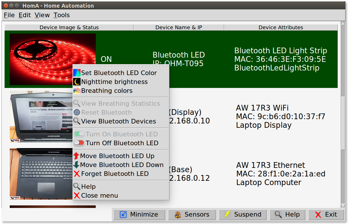 Right-click menu Bluetooth LED